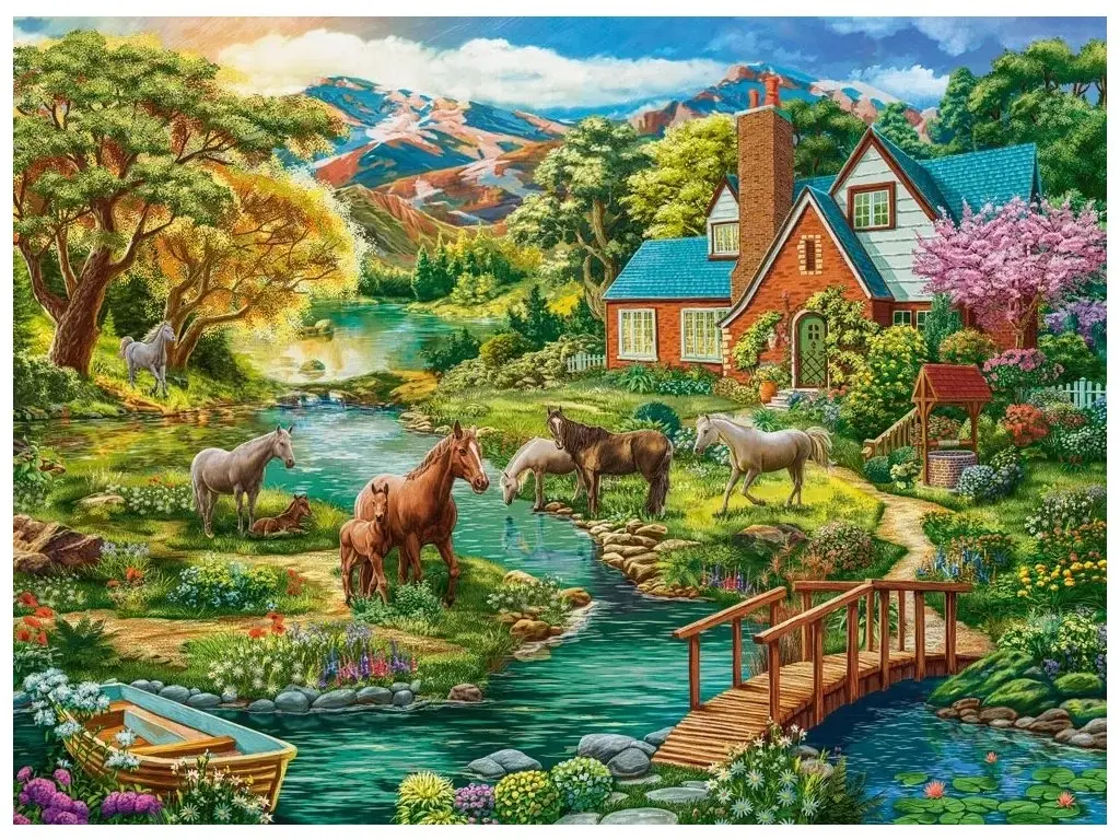 Puzzle Castorland 2000 dílků - Malebný dům s pasoucími se koni