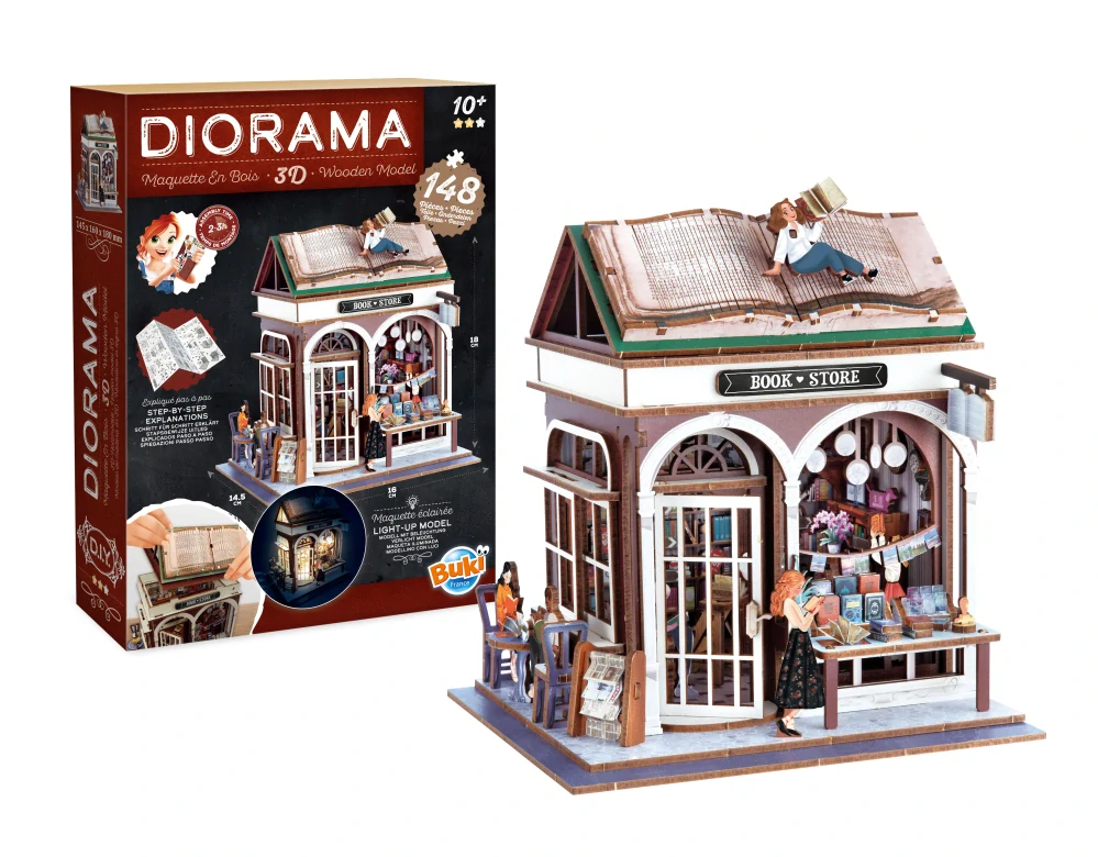 DIORAMA KNIHKUPECTVÍ - dřevěná 3D stavebnice s LED osvětlením