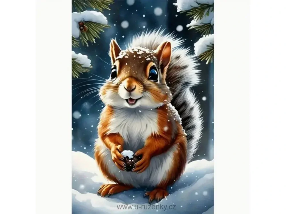Diamantový obrázek 30x40cm - Veverka s oříškem v zimě