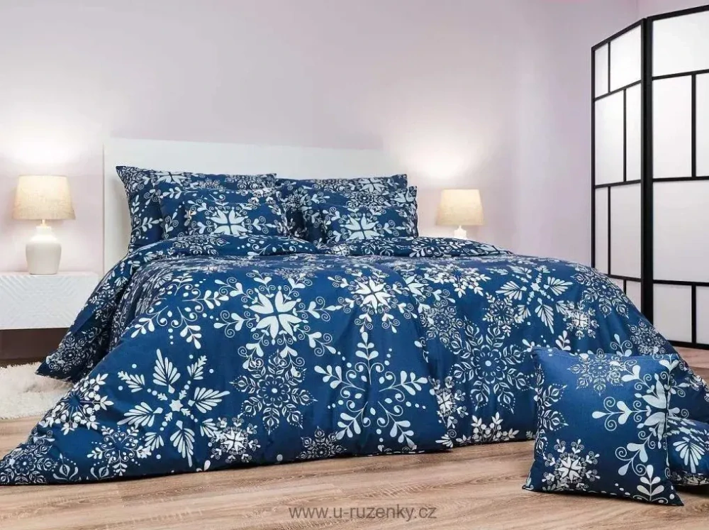 Bavlněné povlečení Snowflakes tmavě modré 140x220, 70x90 cm