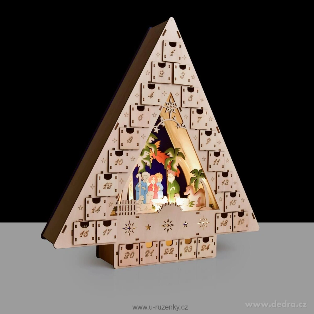 BETLÉMSKÝ STROM | LED adventní kalendář se scénou Betléma | 24 zásuvek | výška 41 cm