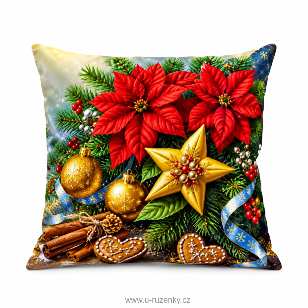 Vánoční povlak na polštář 40x40 na zip velur - Květiny hvězdy