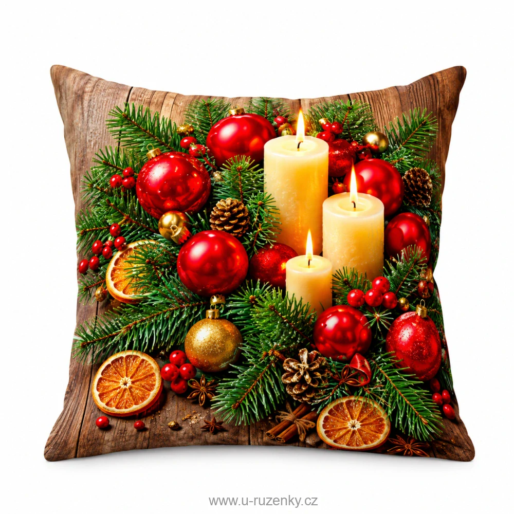 Vánoční povlak na polštář 40x40 na zip velur - Svíce a baňky