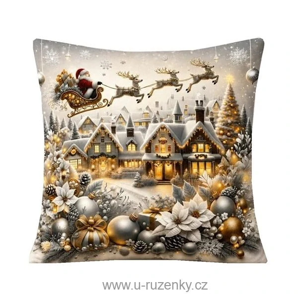 Vánoční povlak na polštář 45x45 na zip velur - Vánoční krajina stříbrná sobíci