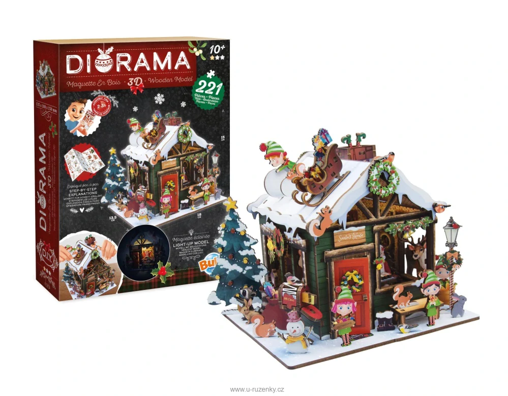 DIORAMA Vánoční chaloupka - dřevěná 3D stavebnice s LED osvětlením