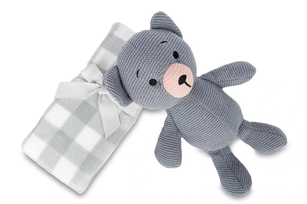 DĚTSKÝ DÁRKOVÝ SET - deka+medvídek pletený, šedý