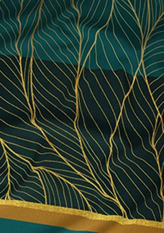 Bavlněné saténové povlečení  - Listy zlaté na tmavě tyrkysovém 4435 B