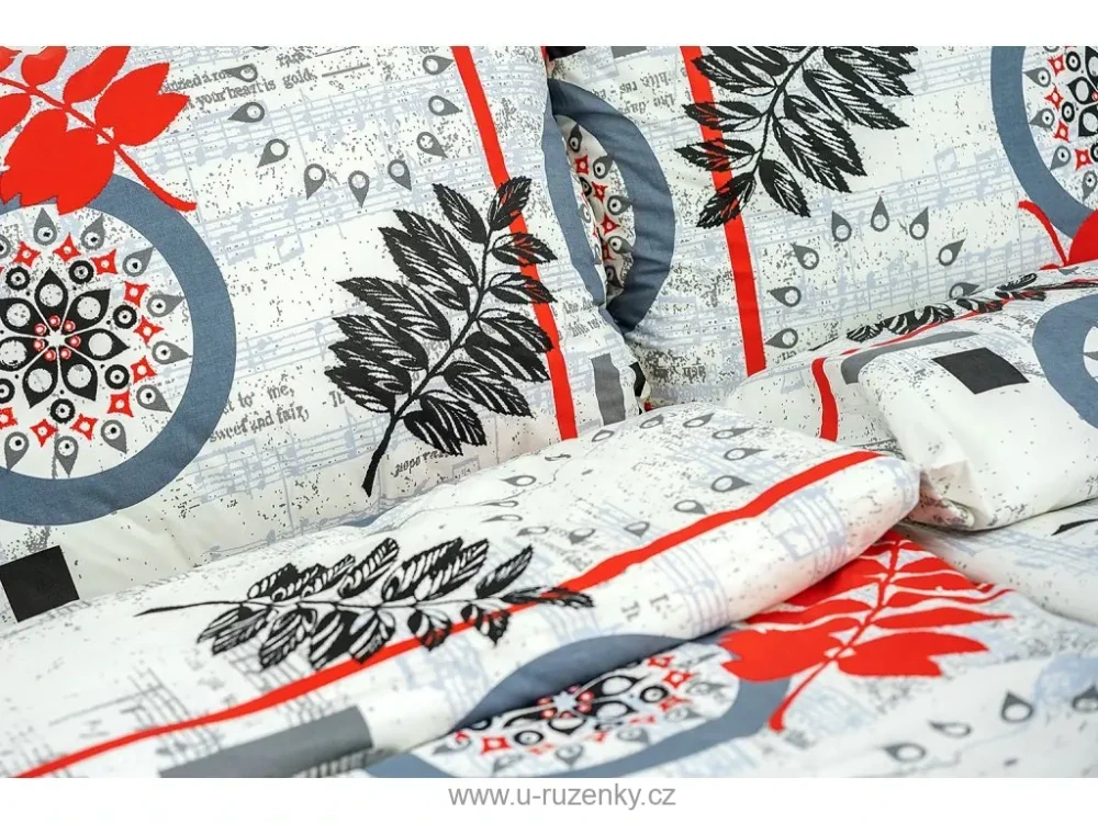 Ložní povlečení krepové kapradí šedo červené  prodloužené