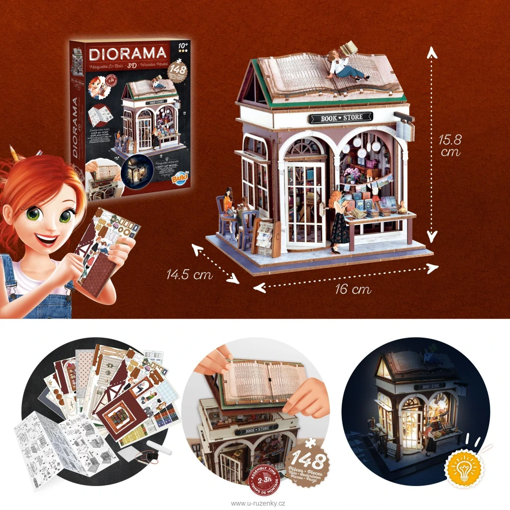 DIORAMA KNIHKUPECTVÍ - dřevěná 3D stavebnice s LED osvětlením