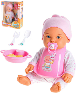 Panenka miminko smějící se 35cm jídlení set s bryndákem na baterie
