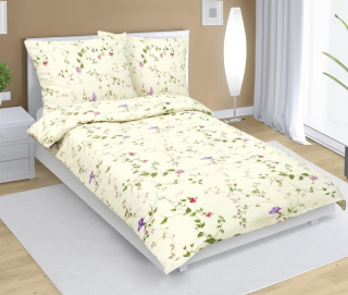 Krepové povlečení 70x90 - 140x200 cm fialky na smetanové