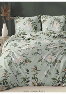 Bavlněné saténové povlečení  -Pivoňky zelené