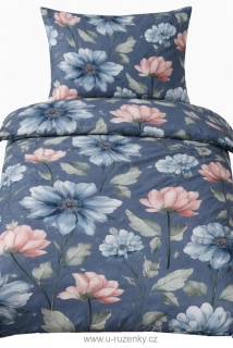Bavlněné saténové povlečení - Vodové květy modré a růžové na modrém