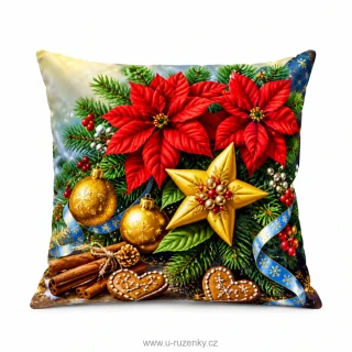 Vánoční povlak na polštář 40x40 na zip velur - Květiny hvězdy
